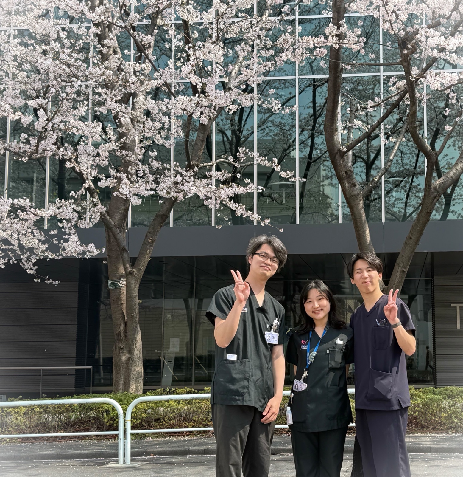 桜の下に並ぶ研修医たち